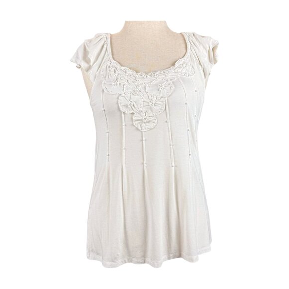 INC WHITE LAYERED RUFFLE SHORT SLEEVE TOP WITH BEADED FLOWERS, SIZE M - Picture 1 of 4